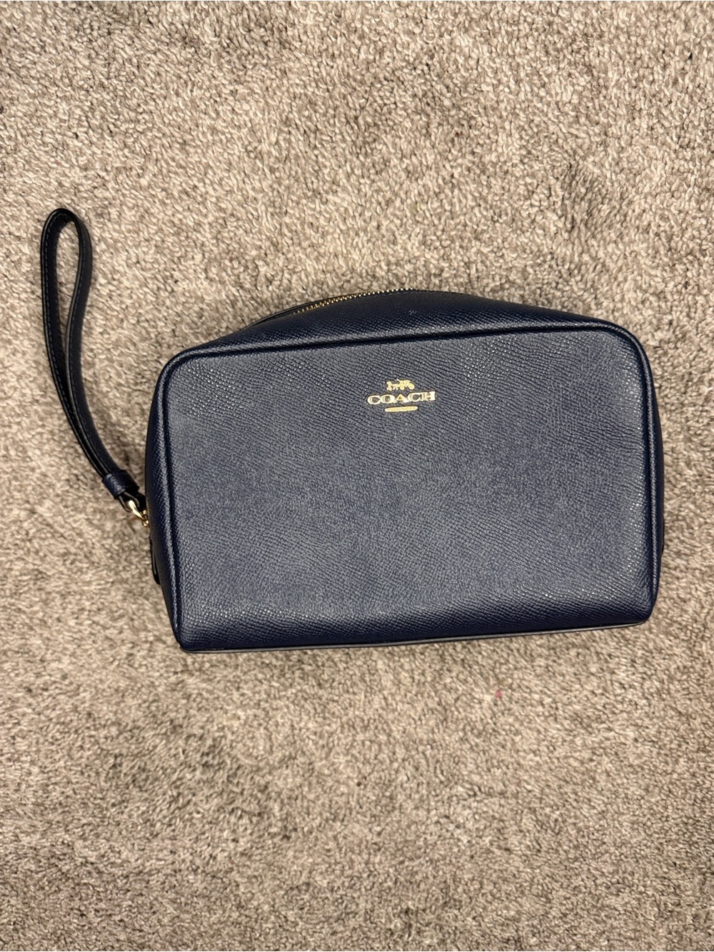 Coach Navy Leather Wrist Strap Toiletry Pouch with Gold Logo